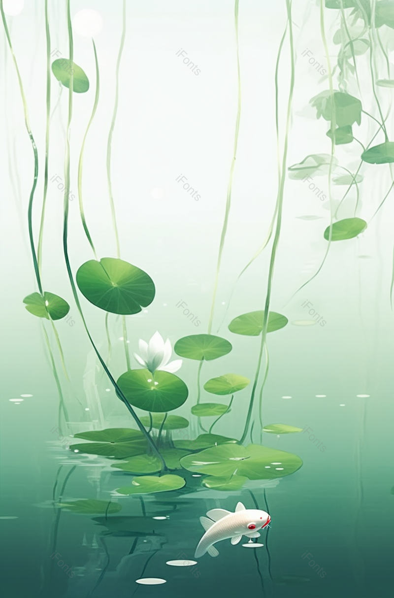 游鱼夏天夏至荷花盛开开花荷叶植物水面户外景色自然插画,插画/手绘图,插画/手绘图库,插画/手绘图下载,插画/手绘